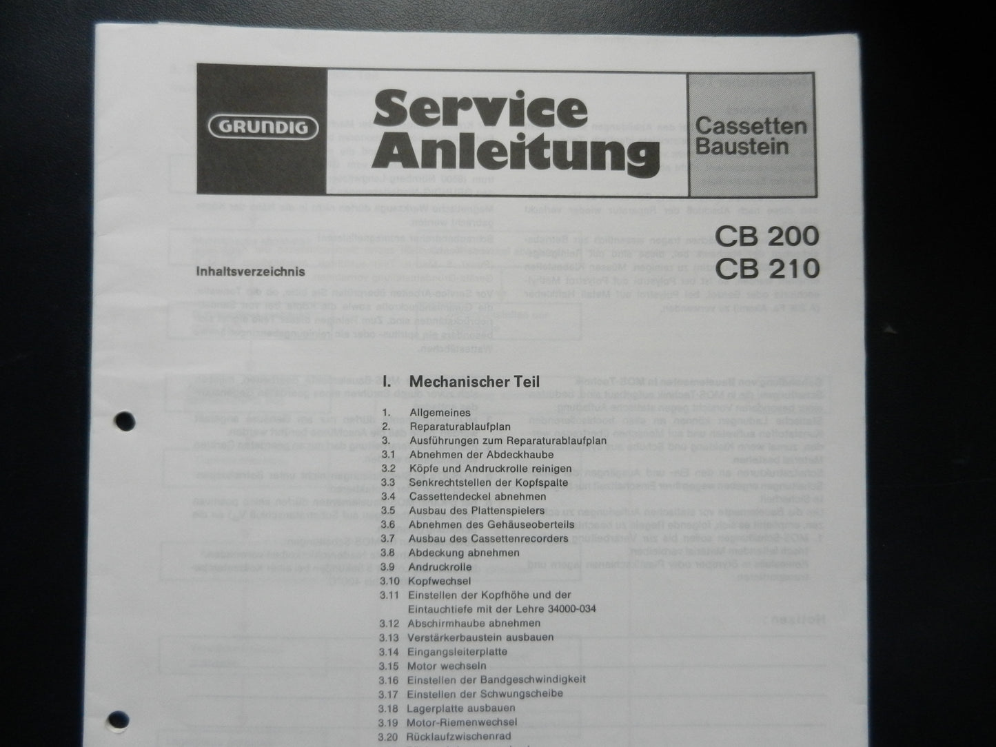 CB200 CB210 Original Service Manual für Cassettendecks in Studios, RPC von GRUNDIG
