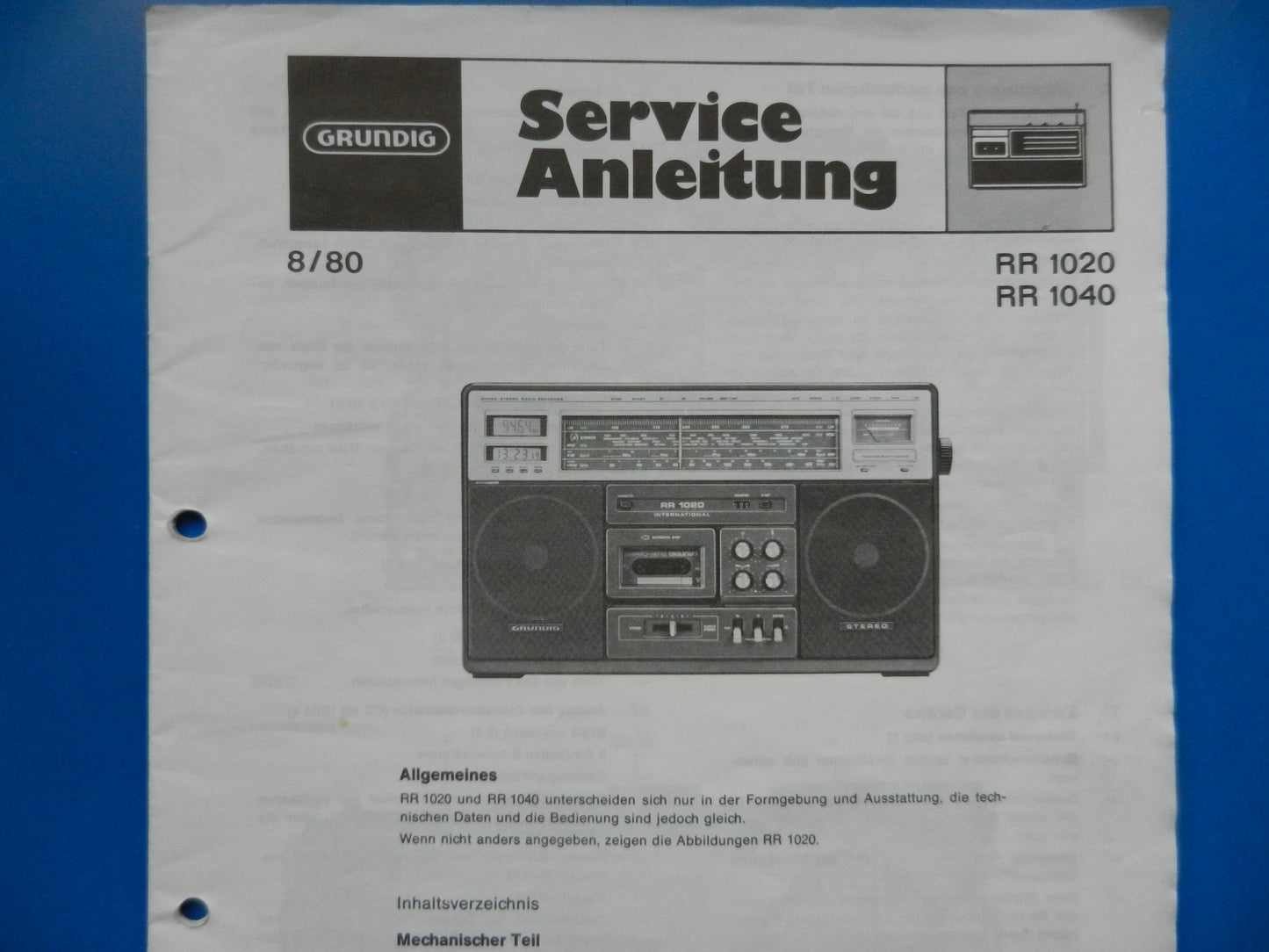 RR1020 / RR1040 Service Manual Original für GRUNDIG Radiorekorder