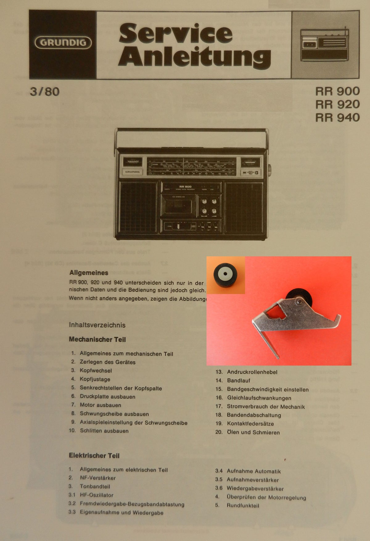 RR900 RR 920 RR940 RR 900 RR 920 RR 940 Tonrolle für Radiorecorder von GRUNDIG