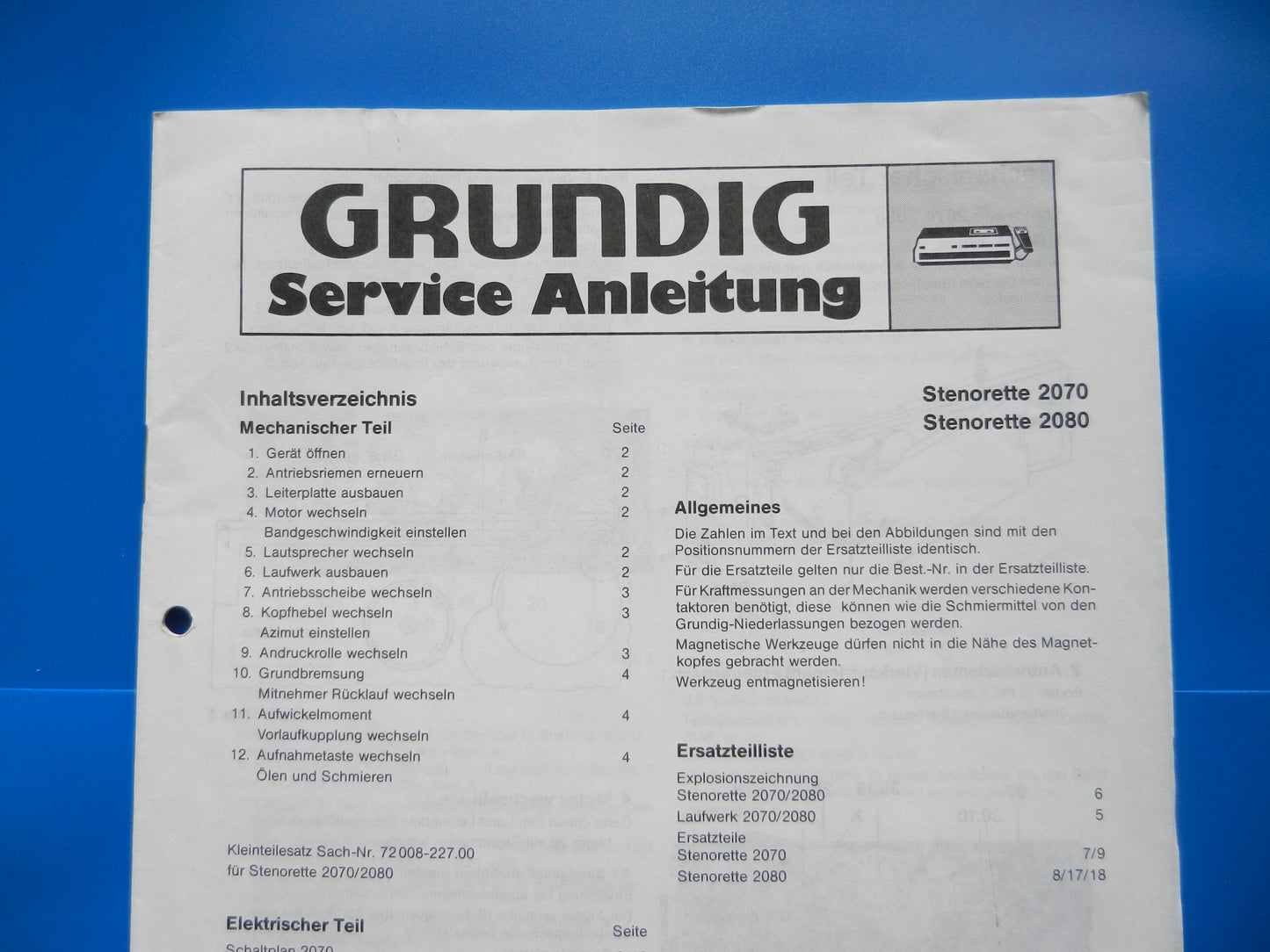Stenorette 2070 2080 Service Manual für GRUNDIG Hand Diktiergerät