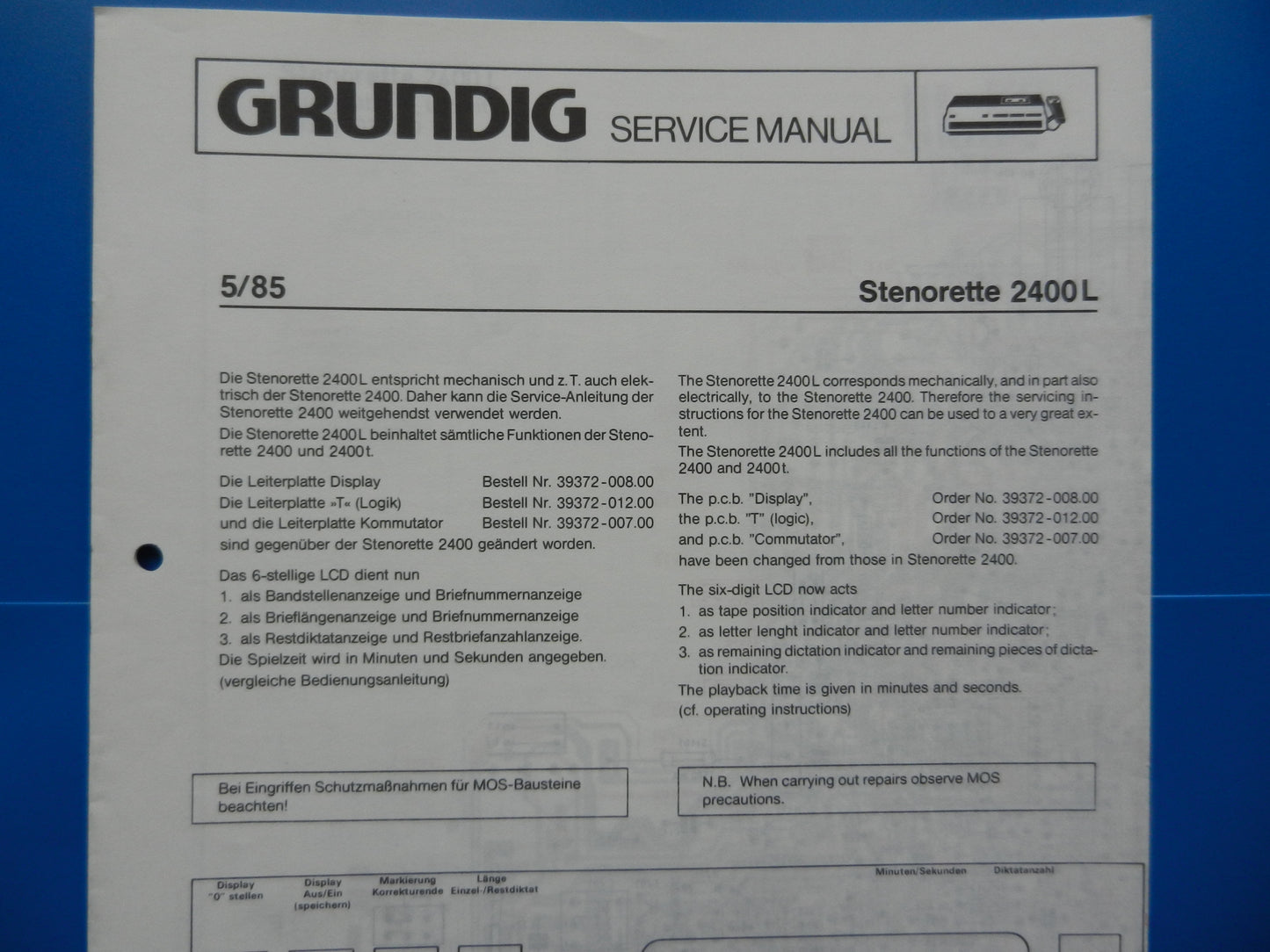 Stenorette2400, L, T und GDM753C Service Manuals für GRUNDIG Tisch Diktiergerät