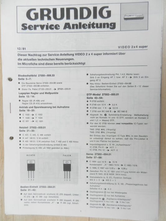 2x4 super Video Nachtrag 12/81 Mechanisches Service Manual für Videorecorder von GRUNDIG