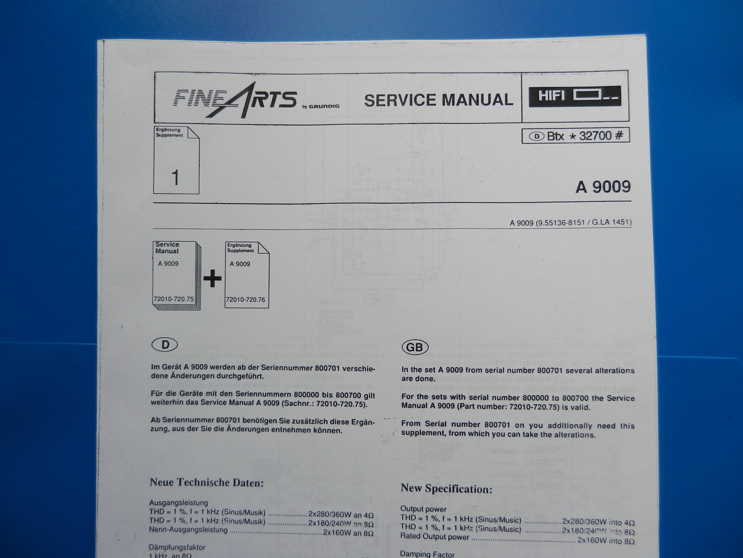 A9009 Service Manual Ergänzung für GRUNDIG Fine Arts Verstärker