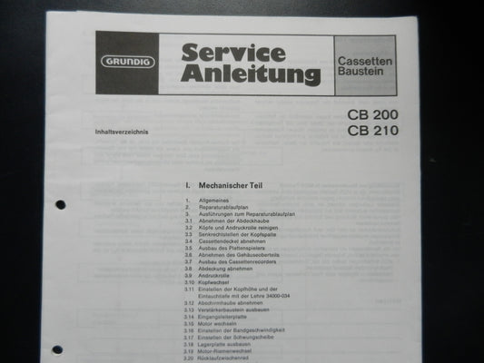 CB200 CB210 Original Service Manual für Cassettendecks in Studios, RPC von GRUNDIG