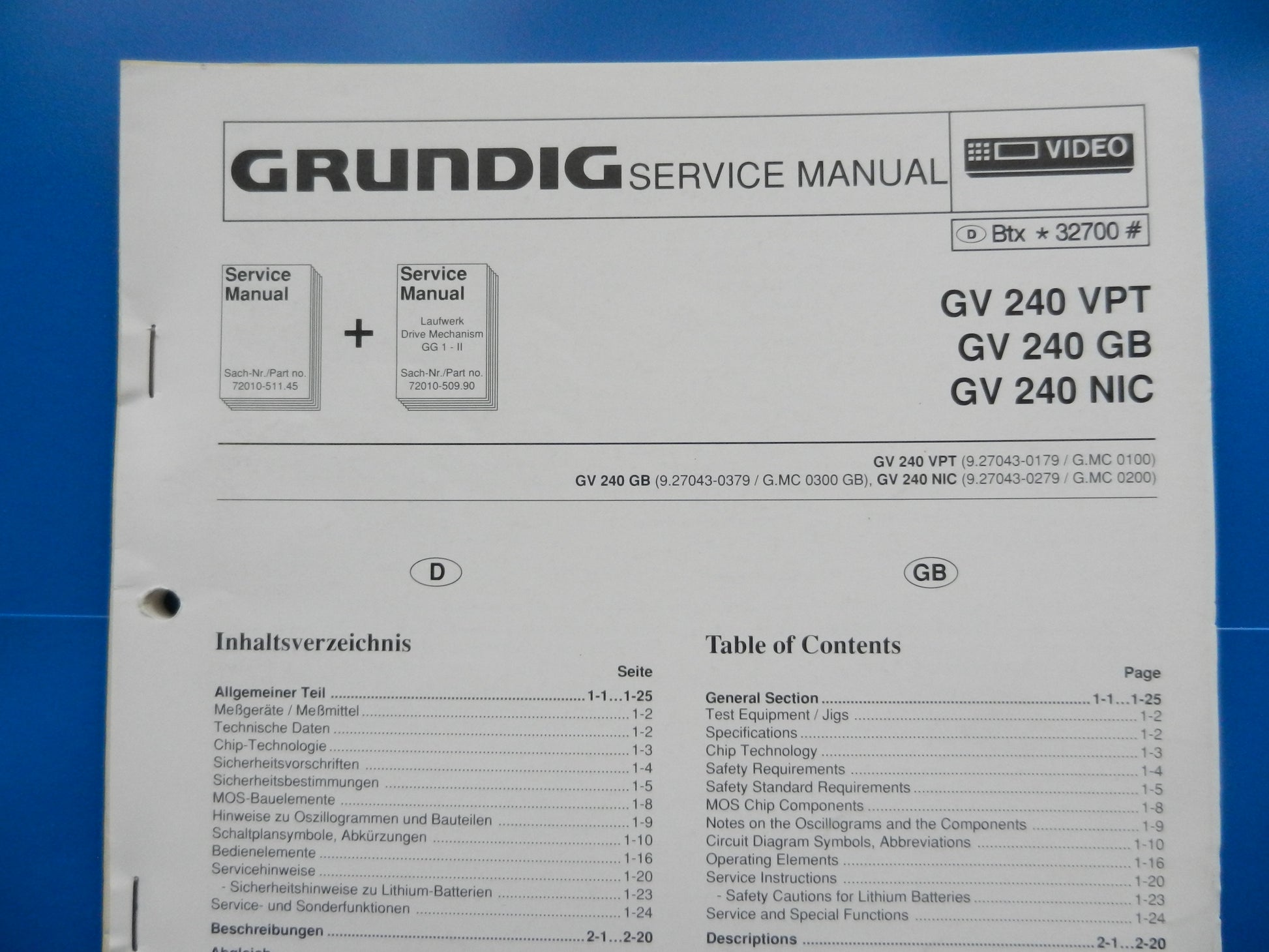 GV240 VPT Service Manual für VHS Videorecorder von GRUNDIG