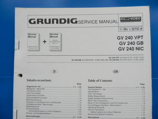 GV240 VPT Service Manual für VHS Videorecorder von GRUNDIG