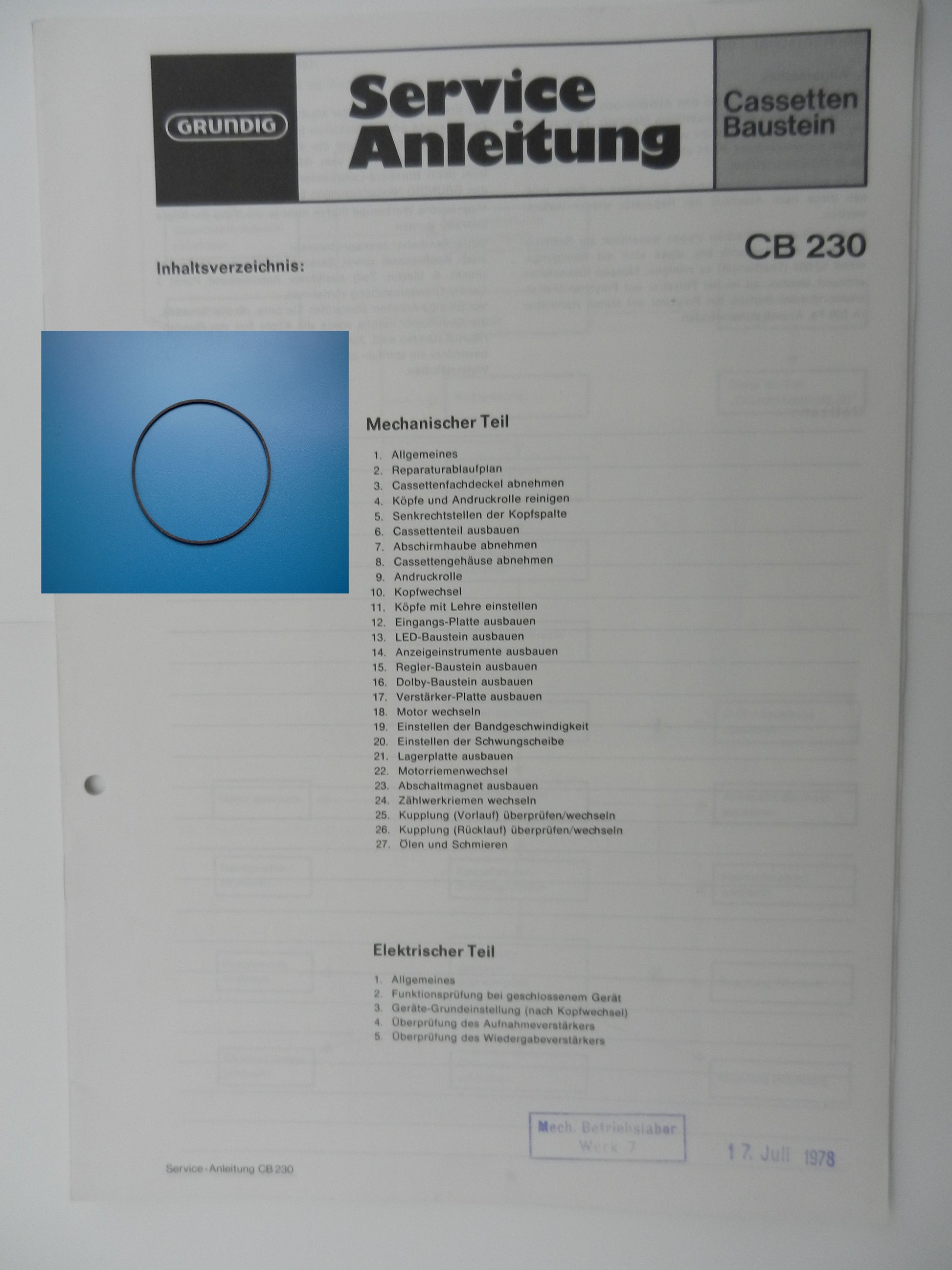 CB190, CB200, CB210, CB230, CB230a Zählwerk Riemen GRUNDIG