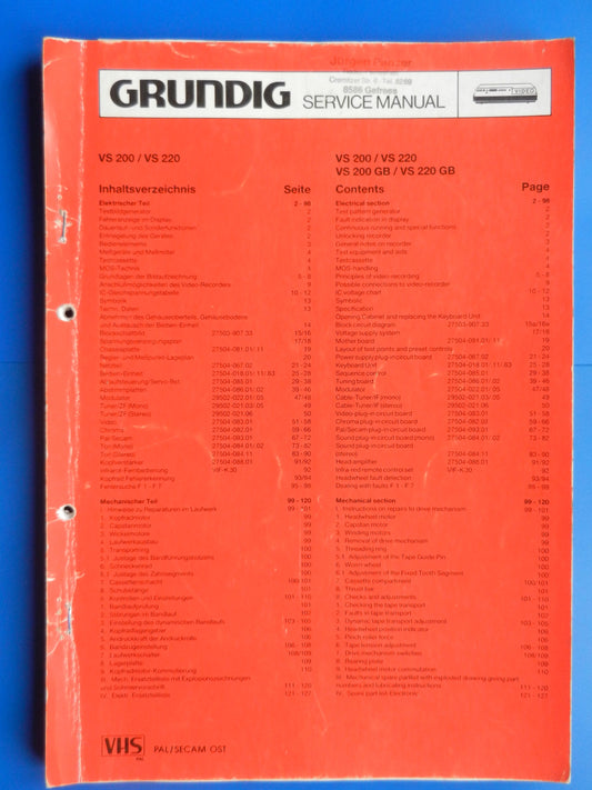 VS200 / VS220 Service Manual für Videorecorder von GRUNDIG