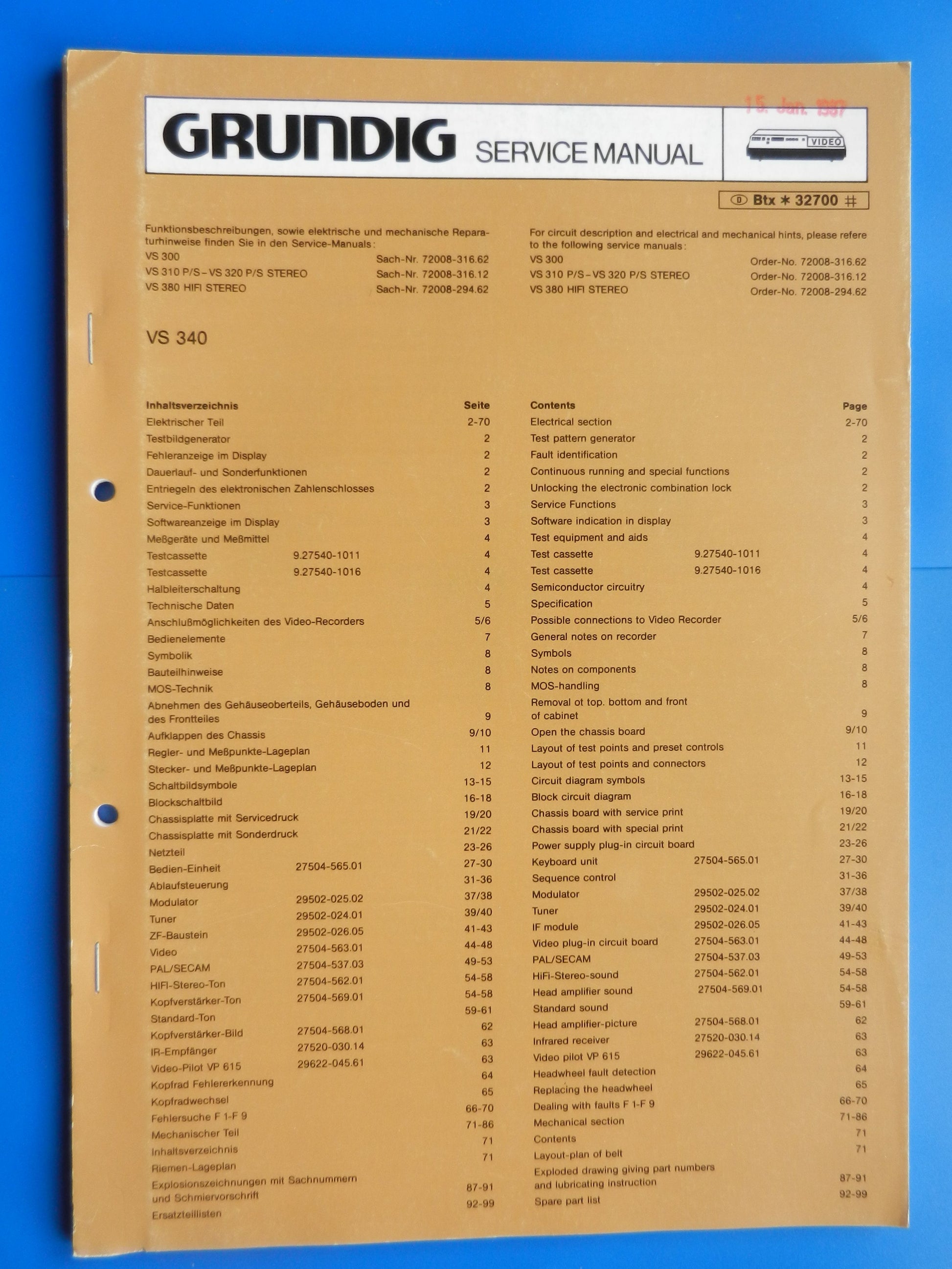 VS340 Service Manual für VHS Videorecorder von GRUNDIG