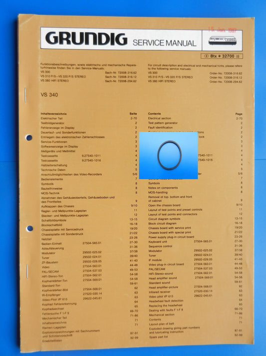 VS340 Hifi VS300 Video Fädel Riemen für Recorder von GRUNDIG