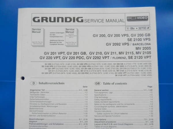 GV200 GV201 VT GV220 Service Manual für VHS Videorecorder von GRUNDIG