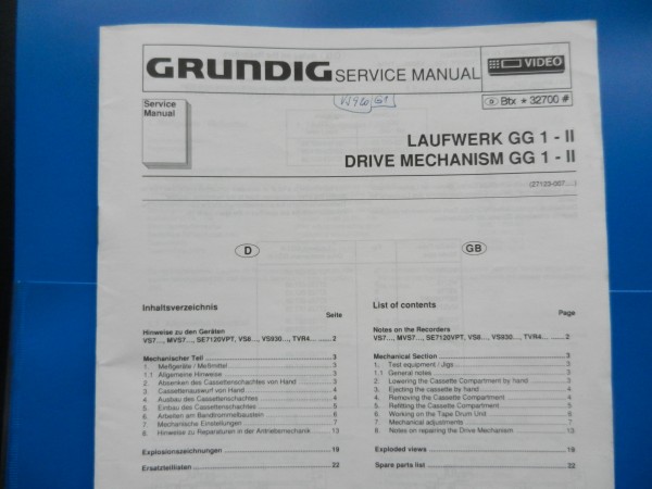 GG1-II Laufwerk Service Manual für VHS Videorecorder von GRUNDIG