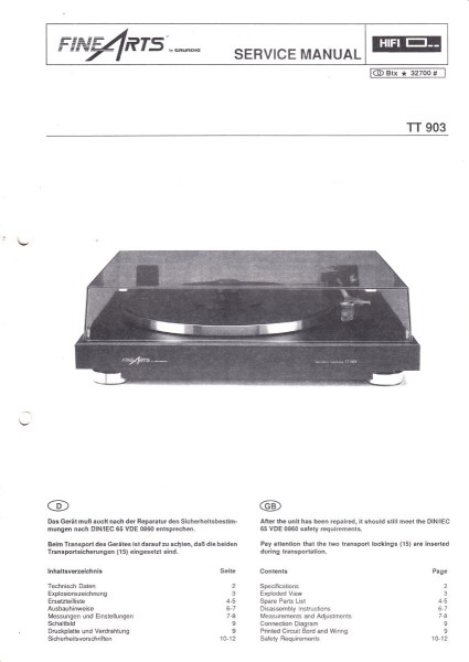 TT903 Service Manual für Fine Arts Plattenspieler GRUNDIG